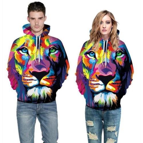 3D Print Hoodie - Color Paint Lion Head Pattern Pullover Hoodie