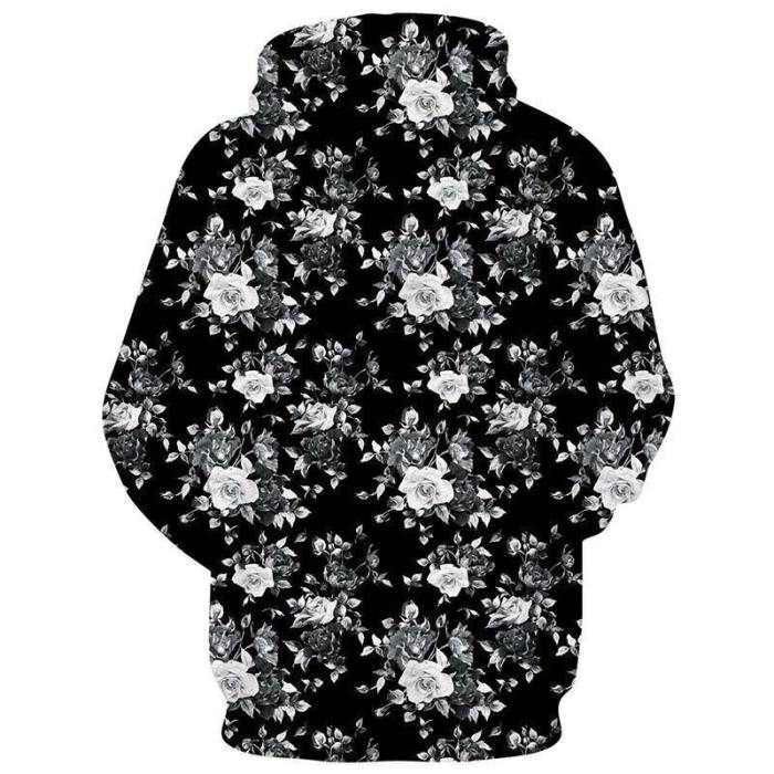 Mens Black Hoodies 3D Printed Floral Printing Pattern Hooded