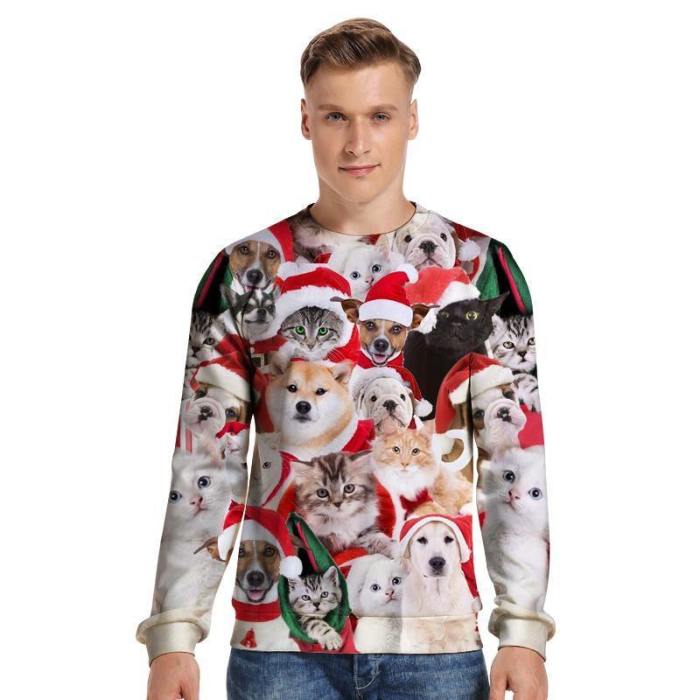 Mens Pullover Sweatshirt 3D Printed Christmas Dogs Cats Party Long Sleeve Shirts