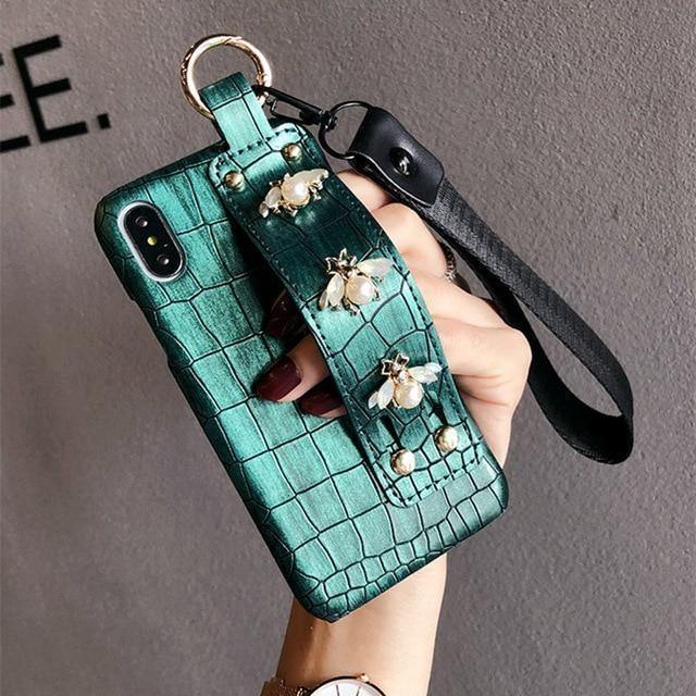 Luxury Pearl Bees Croc Leather Phone Case With Hand Strap Holder