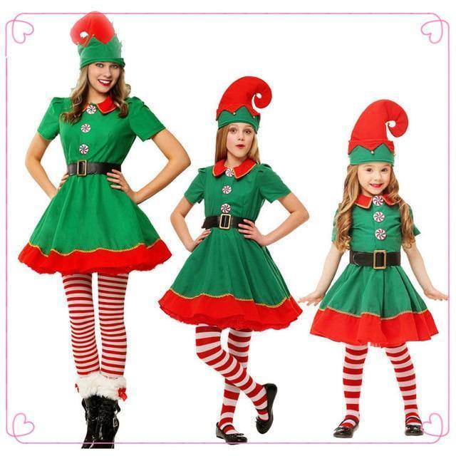 Christmas Elves Costumes Women Christmas Halloween Costume Long Sleeve Green And Red Girl Elf Dress Kids Christmas Costumes