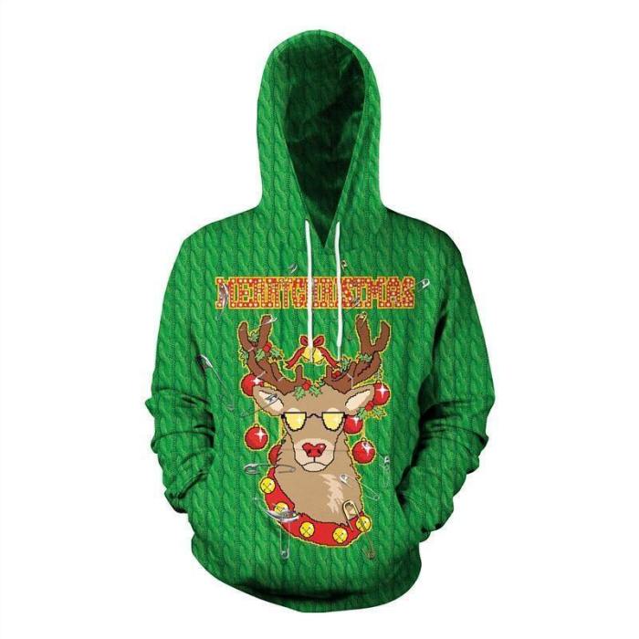 Mens Green Hoodies 3D Graphic Printed Merry Christmas Cool Deer Pullover