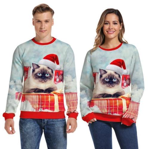 Mens Pullover Sweatshirt 3D Printed Merry Christmas Cat With Gifts Long Sleeve Shirts