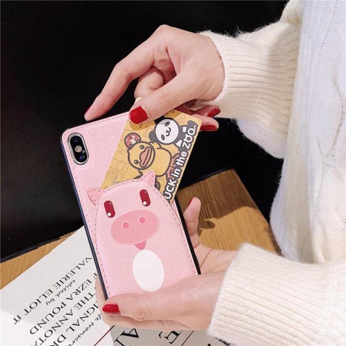 Cute Cartoon Piggy Bear Leather Phone Case With Back Pocket