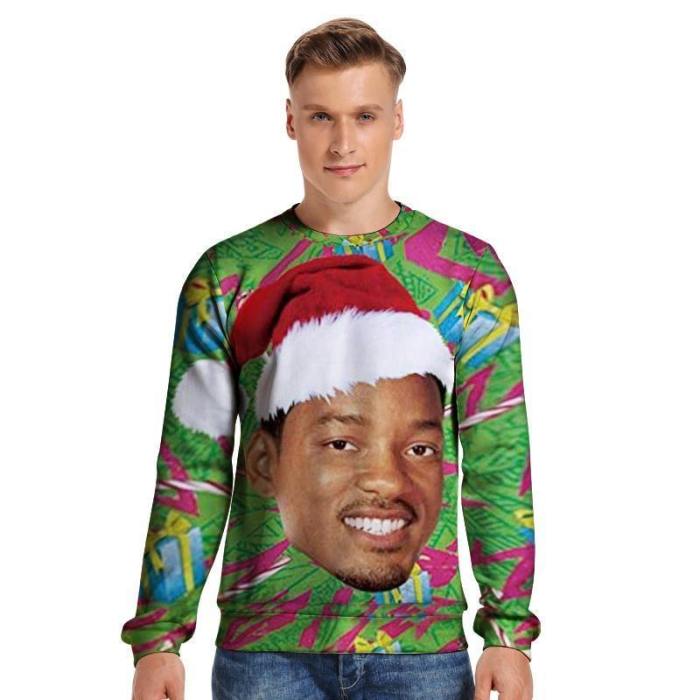 Mens Pullover Sweatshirt 3D Printed Merry Christmas Young Man Face Green Long Sleeve Shirts