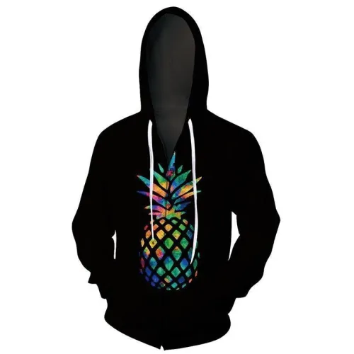 Mens Zip Up Black Hoodies 3D Printed Colorful Pineapple Printing Hooded
