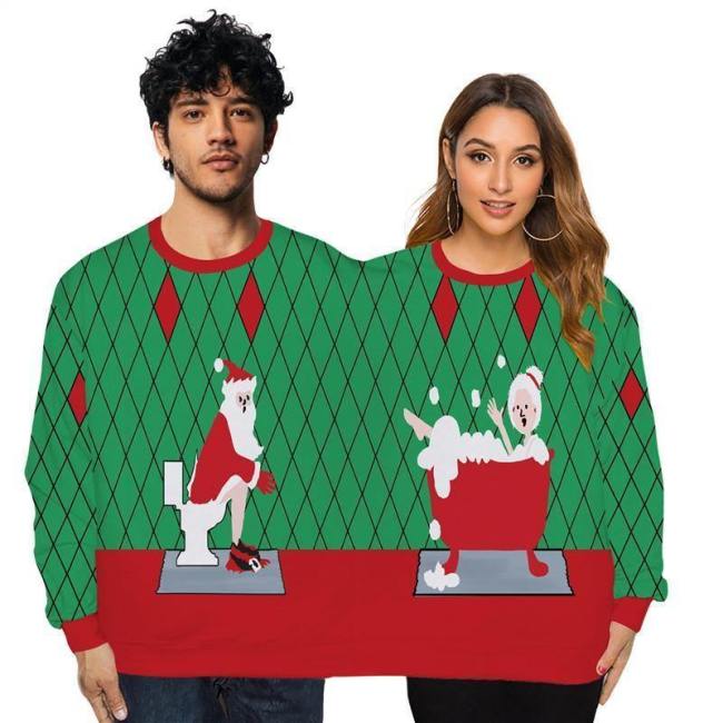 Couple Wear Lovers Men Women Connected Green Hoodies Christmas Santa Claus Pattern Sweatshirt
