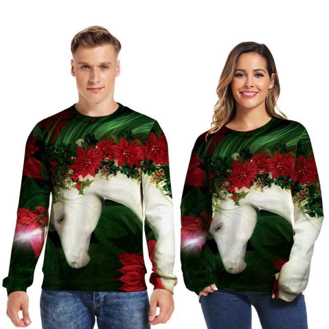 Mens Pullover Sweatshirt 3D Printed Christmas Lovely Horse Long Sleeve Shirts