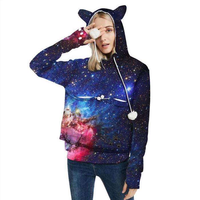 Mens Womens Hoodies Galaxy Pullovers With Pet Cuddle Pouch Bag