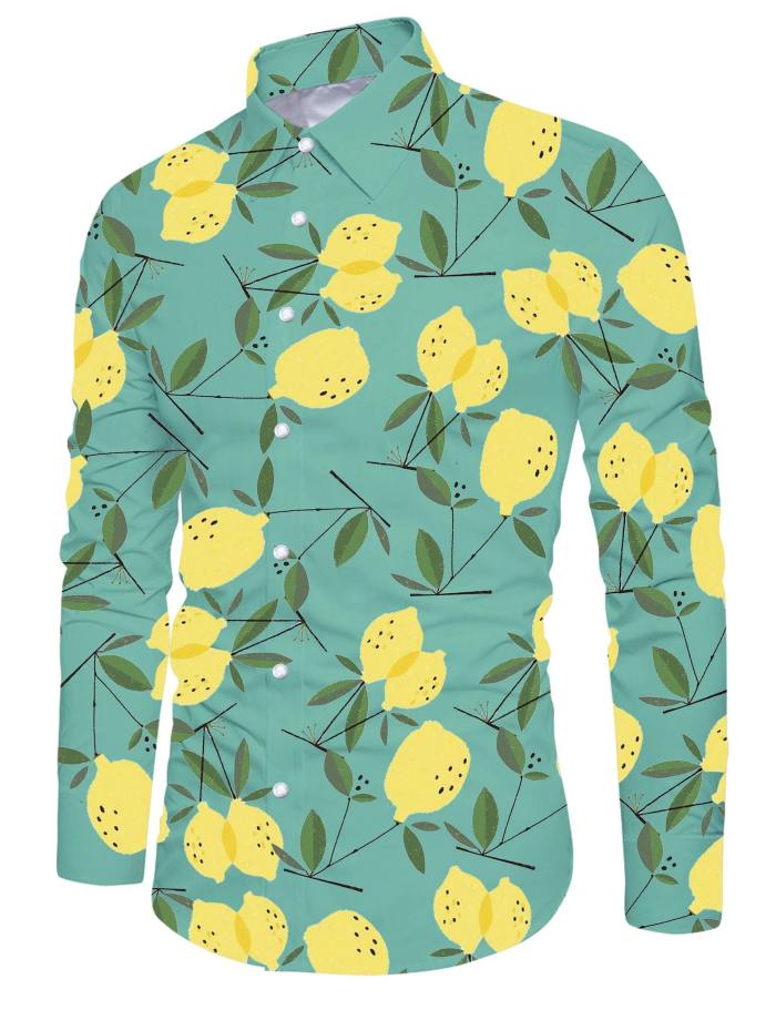 Men'S Button Down Collar Slim Fit Lemon Leaf Printed Long Sleeve Dress Shirts
