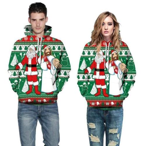 3D Print Hoodie - Santa Claus And Jesus Print Pullover Hoodie