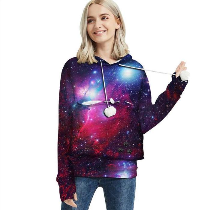 Mens Womens Hoodies Galaxy Pullovers With Cat Dog Cuddle Pouch Bag