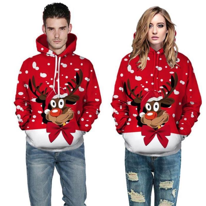 Reindeer Print Hoodie Christmas Pullover Unisex Sweatshirt