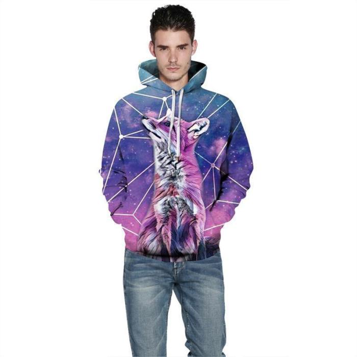 Mens Hoodies 3D Graphic Printed Starry Wolf Pullover Hoody