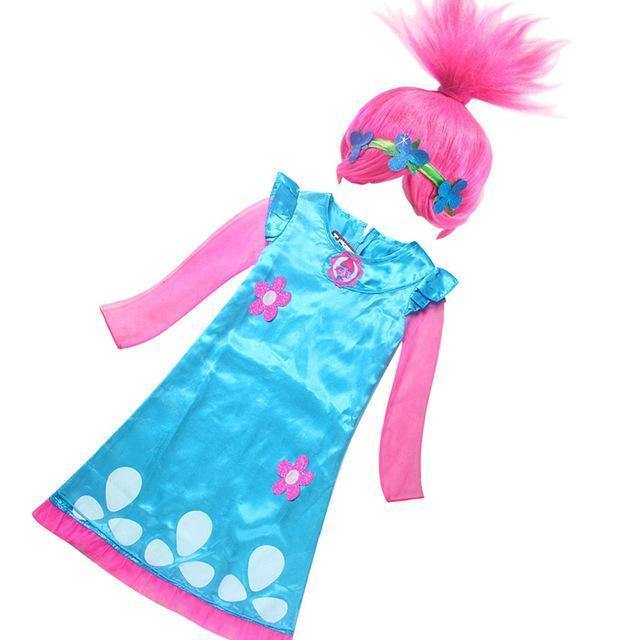 Children Spring Summer Trolls Poppy Magic Clothes Cotton Birthday Party Dress Wig + Dress Costumes For Girl