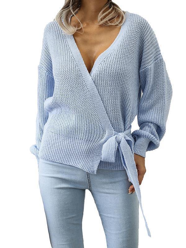Solid V Neck Wrap Sweater With Tie Side