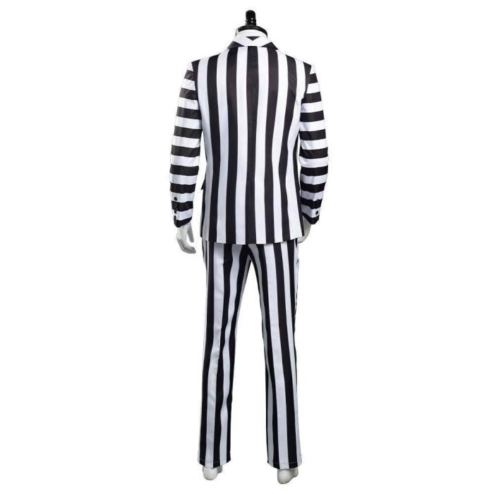 Beetlejuice Adam Men Black And White Striped Suit Jacket Shirt Pants Outfits Halloween Carnival Costume Cosplay Costume