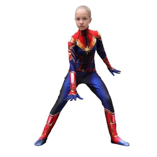 Kids Adult Captain Marvel Costume Cosplay 3D Zentai Suit Jumpsuit