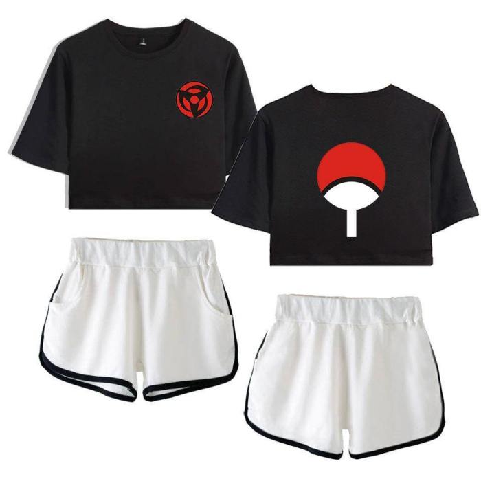 Women Naruto Crop Top Sets Uchiha Sasuke Cosplay Short Sleeve T-Shirt Shorts 2 Pieces Sets Casual Clothes