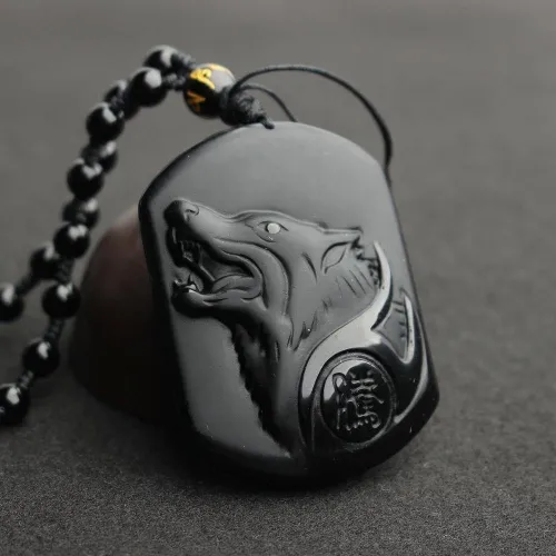 Black Obsidian Wolf Head Amulet Pendant Necklace