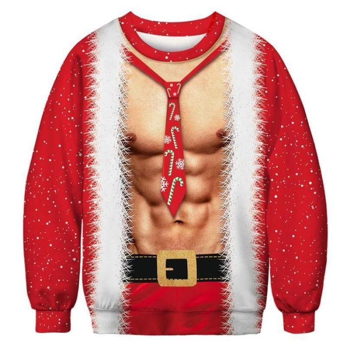 Mens Pullover Sweatshirt 3D Printed Christmas Muscle Red Long Sleeve Shirts