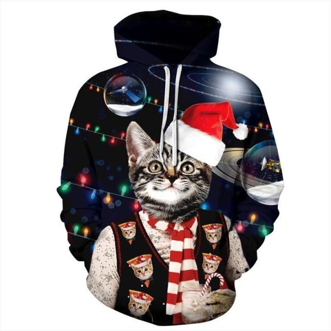 Mens Hoodies 3D Graphic Printed Merry Christmas Black Cat Pullover