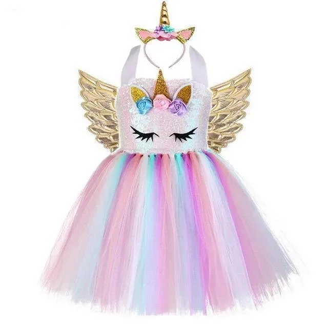 Girls Unicorn Tutu Dress With Gold Headband Wings Princess Halloween Party Dress