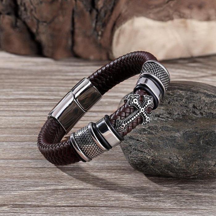 Cross Style Multi-Layer Leather Chain Weaved Bracelets