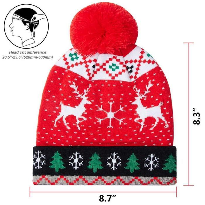 Men Women Sika Deer Printed Red Knitted Light Hat Cuff Knit Pom Cap