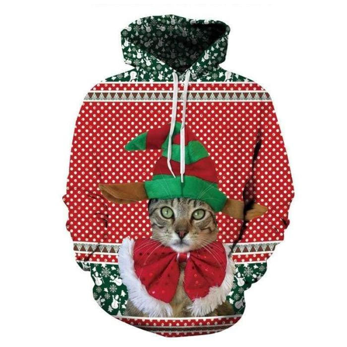 3D Print Hoodie - Kawaii Cat Christmas Pattern Pullover Hoodie