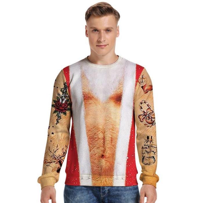 Mens Pullover Sweatshirt 3D Printed Christmas Ugly Chest Hair Pattern Long Sleeve Shirts