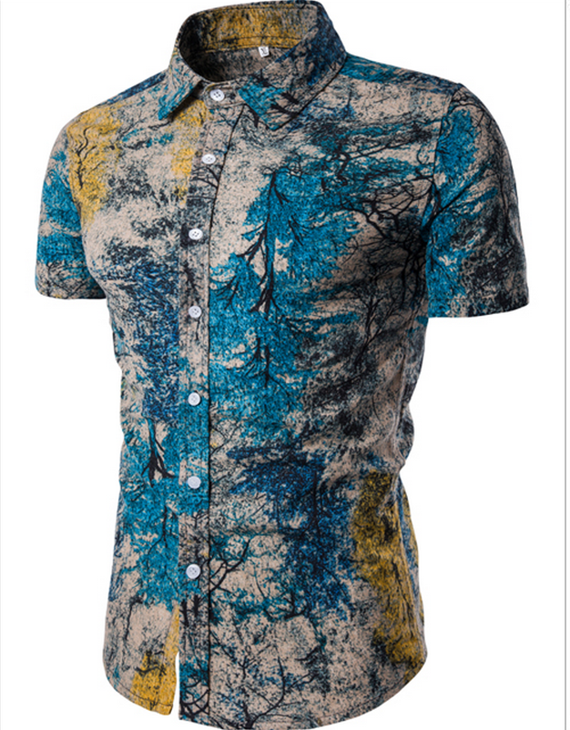 New Summer Men'S Slim Casual Linen Printing Flower Short Sleeve Shirts