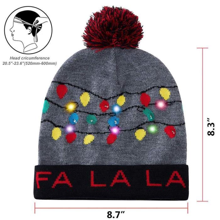 Christmas Caps For Men Women Fa La La Ugly Knitted Beanie Grey Hats With Colorful Lights