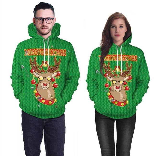 Mens Green Hoodies 3D Graphic Printed Merry Christmas Cool Deer Pullover