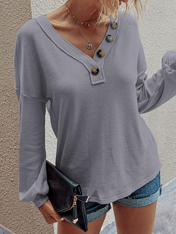 Women V Neck Button Waffle Knit Long Sleeve Shirts