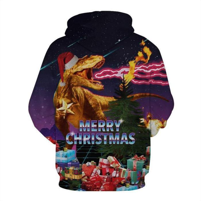 Mens Hoodies 3D Graphic Printed Ugly Christmas Dinosaur Pullover Hoodie