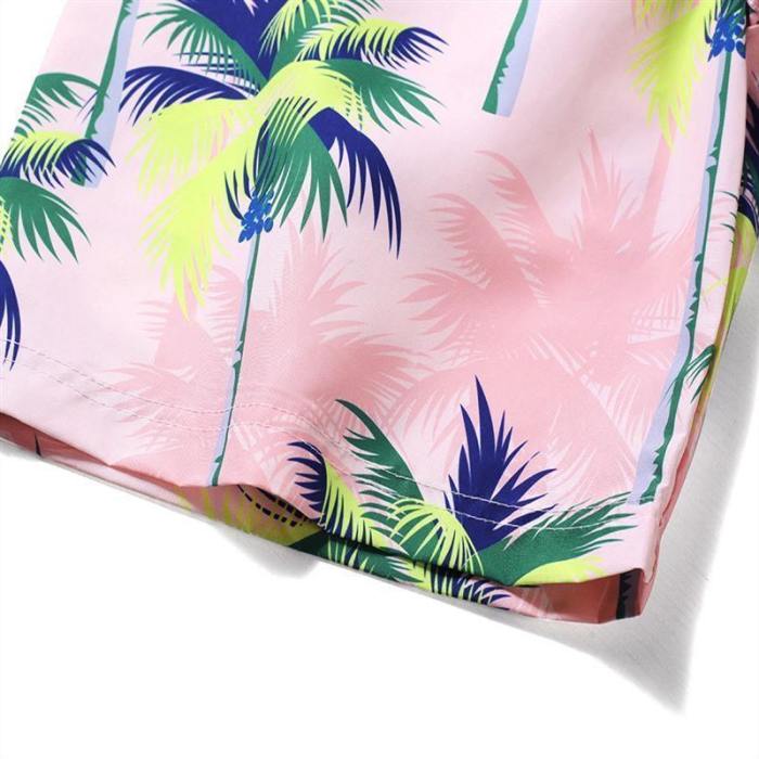 Men'S Beach Board Shorts Tropical Floral Pattern Pink Color Swimming Pants