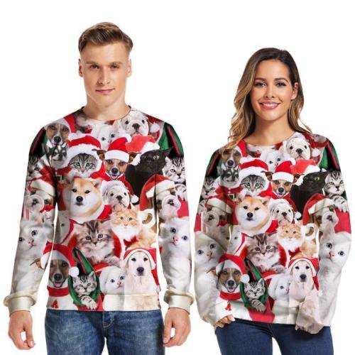 Mens Pullover Sweatshirt 3D Printed Christmas Dogs Cats Party Long Sleeve Shirts