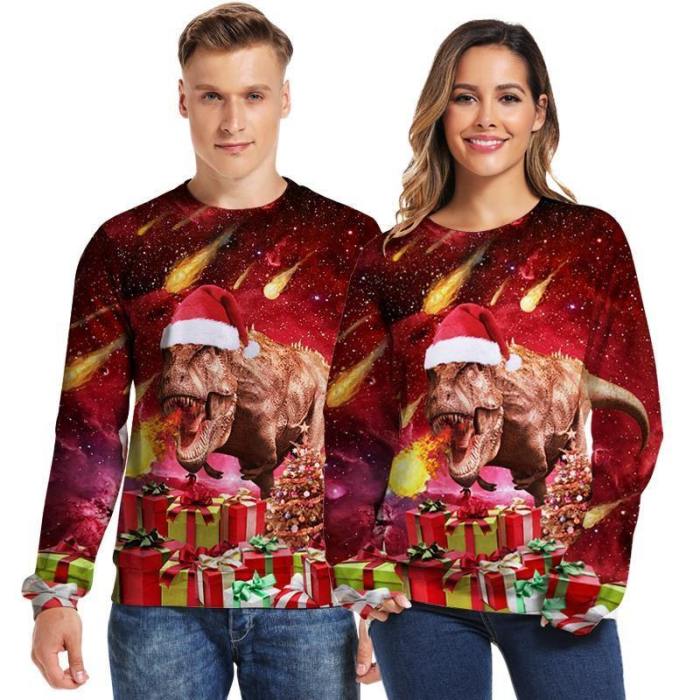 Mens Pullover Sweatshirt 3D Printed Christmas Spitfire Dinosaur Long Sleeve Shirts