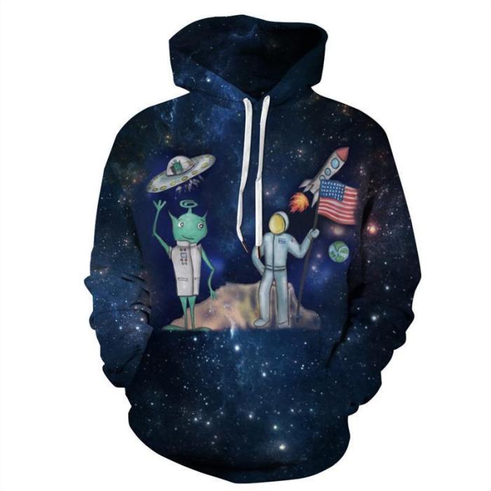 Mens Hoodies 3D Graphic Printed Astronauts With Aliens Pullover Hoodie