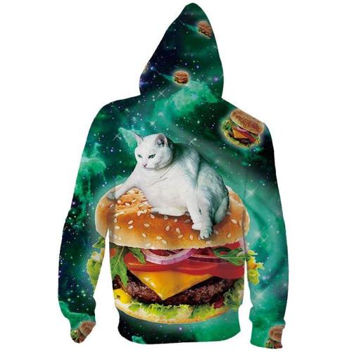 Mens Zip Up Hoodies 3D Printed Fat Cat And Pizza Printing Hooded
