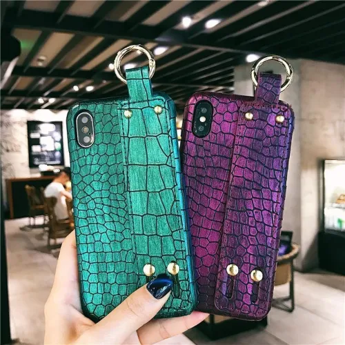 Luxury Plain Croc Leather Phone Case With Hand Strap Holder