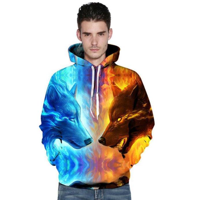 Fire And Ice Wolf 3D Pullover Hoodie Sweatshirt