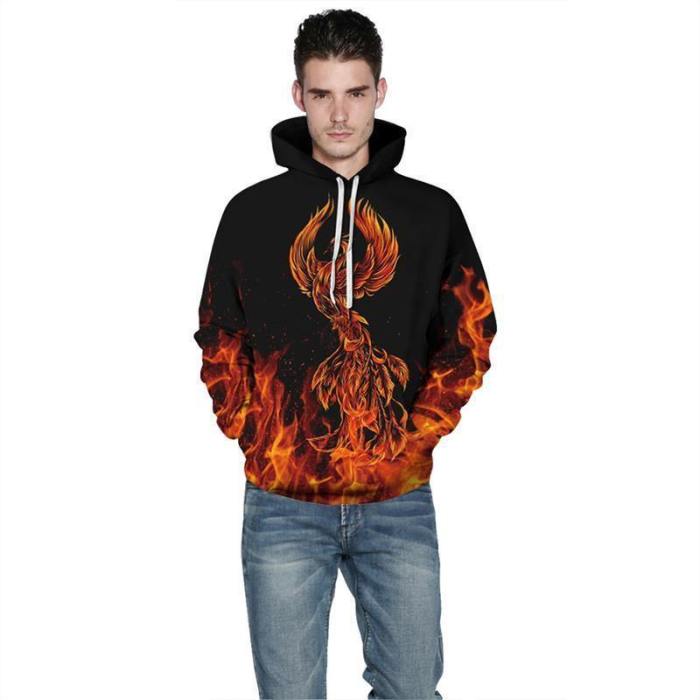 Mens Hoodies 3D Graphic Printed Phoenix In Fire Pullover Hoodie