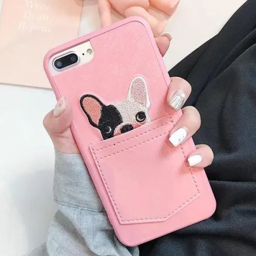 Lace Cartoon Peeking Bulldog Phone Case With Pocket