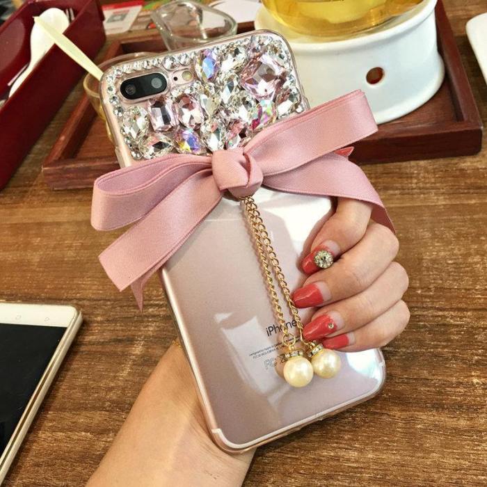 Glitter Rhinestone Color Pearls Bow With Pearl Phone Case