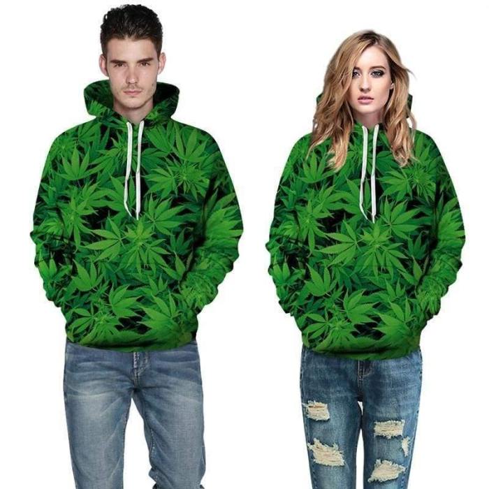 3D Print Hoodie - Green Leaves Pattern Pullover Hoodie