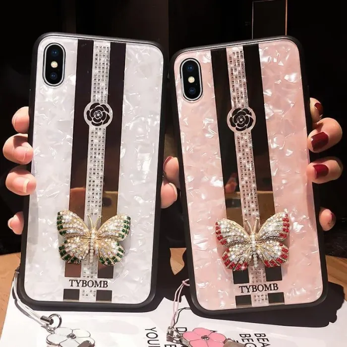 Glossy Butterfly Mirror Jewelled Phone Case With Hand Strap