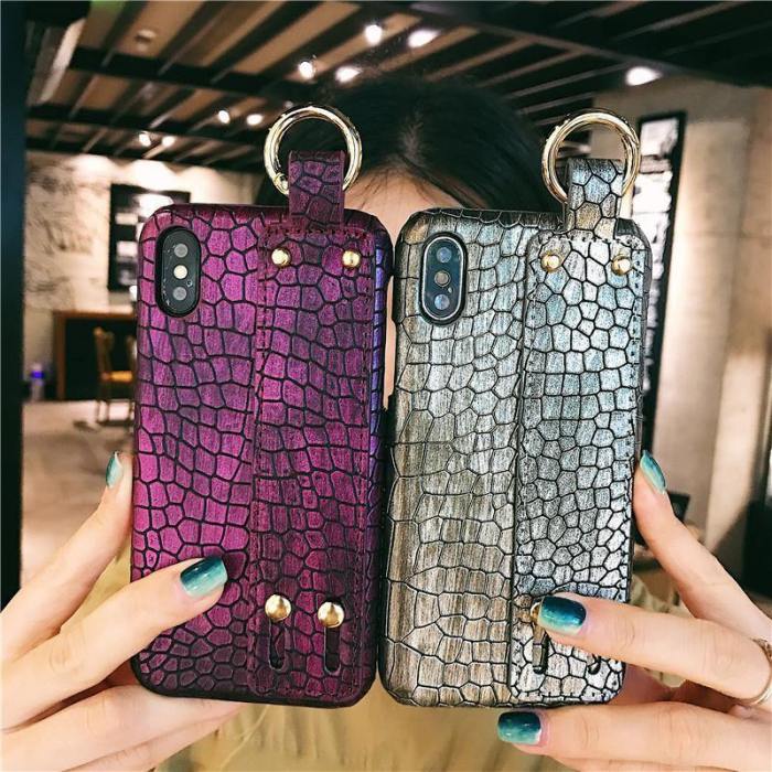 Luxury Plain Croc Leather Phone Case With Hand Strap Holder
