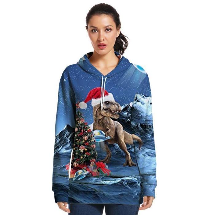 Mens Hoodies 3D Graphic Printed Merry Christmas Dinosaur Blue Pullover Hoodie